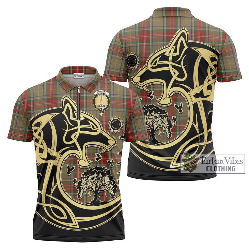 Muirhead Old Tartan Zipper Polo Shirt with Family Crest Celtic Wolf Style