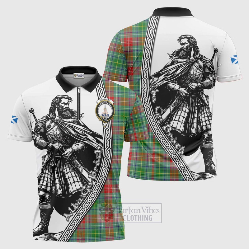 Muirhead Tartan Clan Crest Zipper Polo Shirt with Highlander Warrior Celtic Style