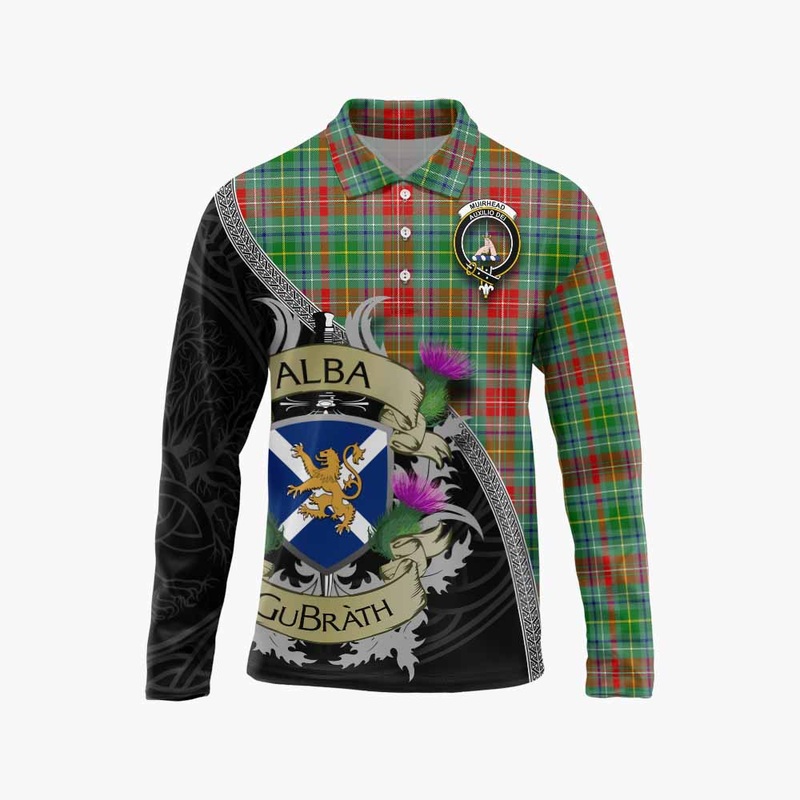 Muirhead Tartan Family Crest Long Sleeve Polo Shirt Lion Rampant Royal Thistle Shield Celtic Inspired