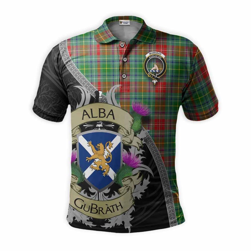 Muirhead Tartan Family Crest Polo Shirt Lion Rampant Royal Thistle Shield Celtic Inspired