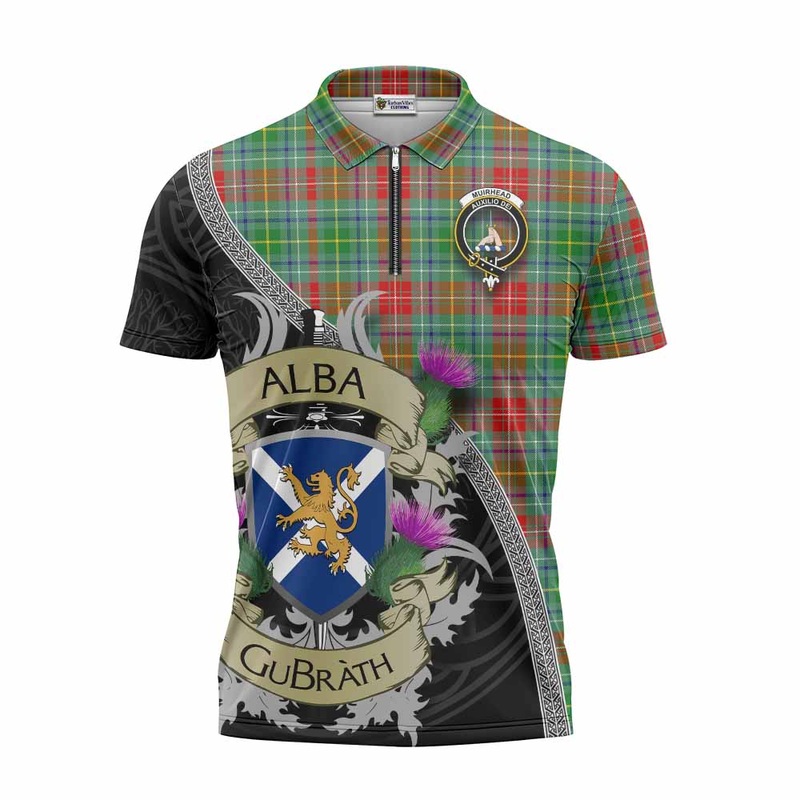 Muirhead Tartan Family Crest Zipper Polo Shirt Lion Rampant Royal Thistle Shield Celtic Inspired