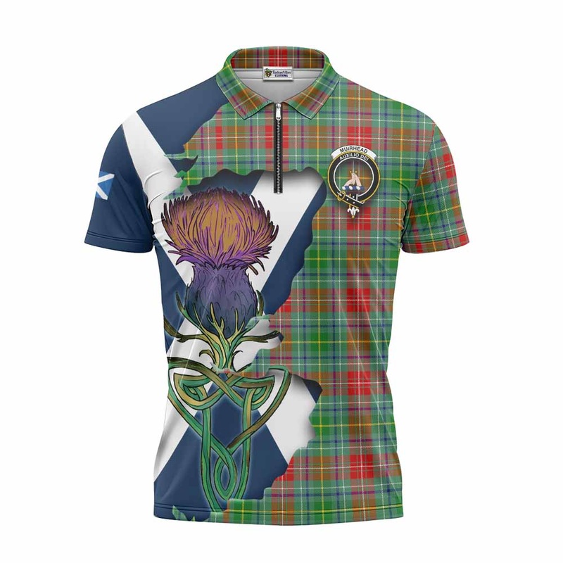 Muirhead Tartan Family Crest Zipper Polo Shirt Scottish Thistle Celtic Inspired