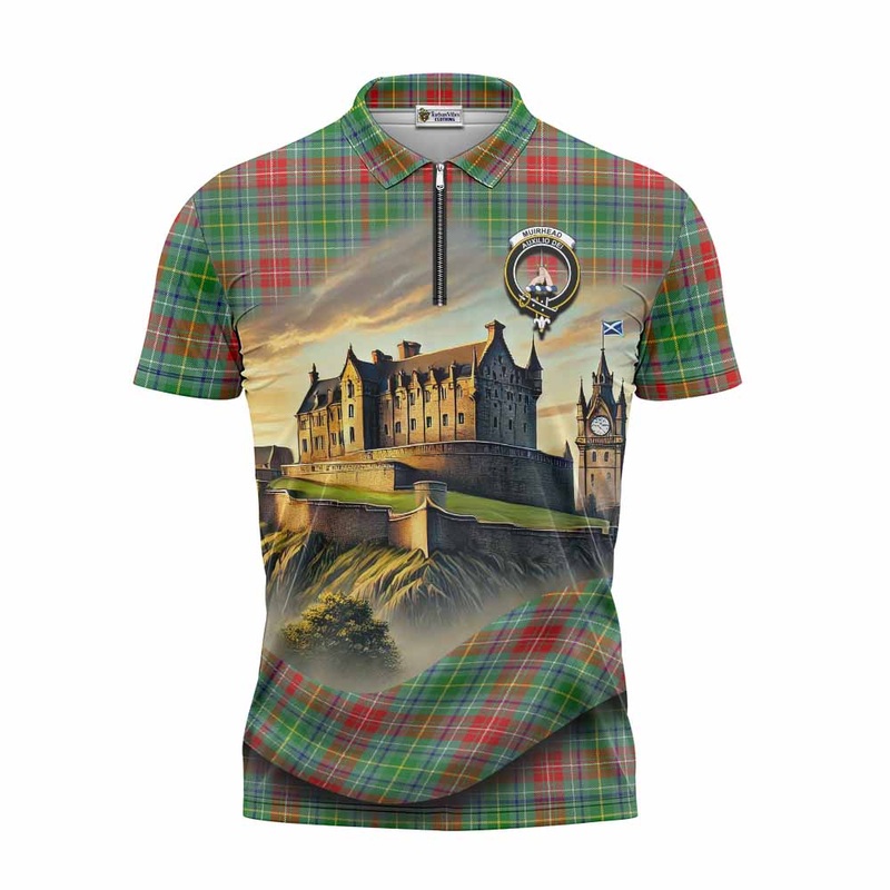 Muirhead Tartan Family Crest Zipper Polo Shirt with Scottish Ancient Castle Style