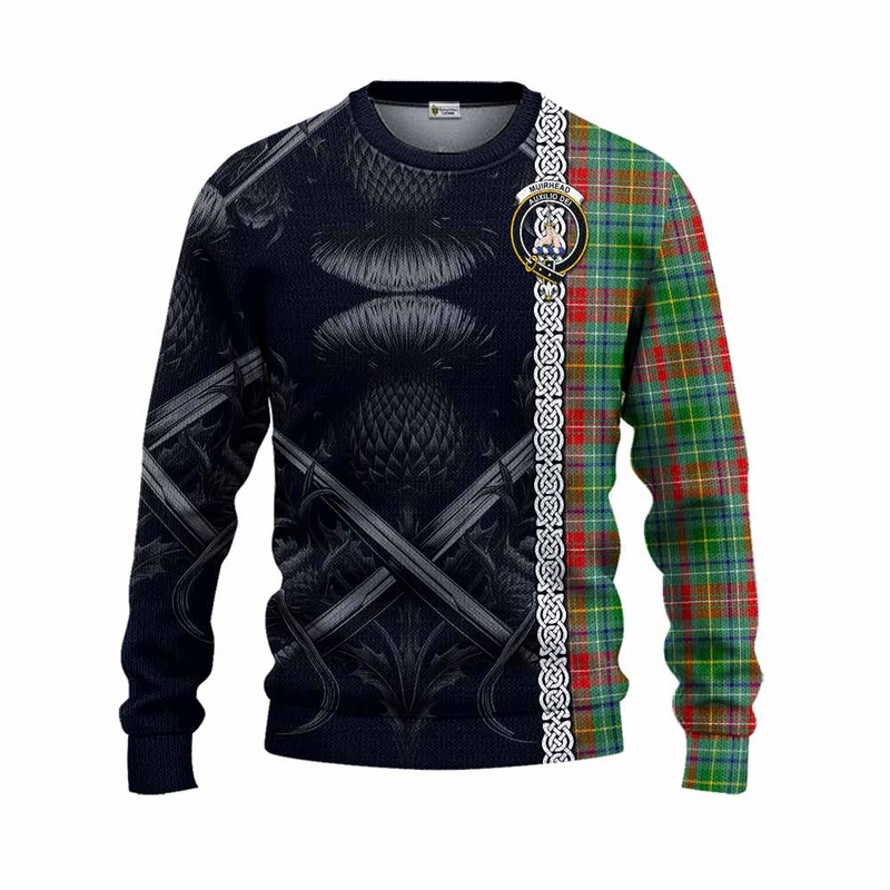 Muirhead Tartan Knitted Sweater with Family Crest Cross Sword Thistle Celtic Vibes