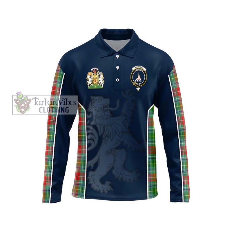 Muirhead Tartan Long Sleeve Polo Shirt with Family Crest and Lion Rampant Vibes Sport Style