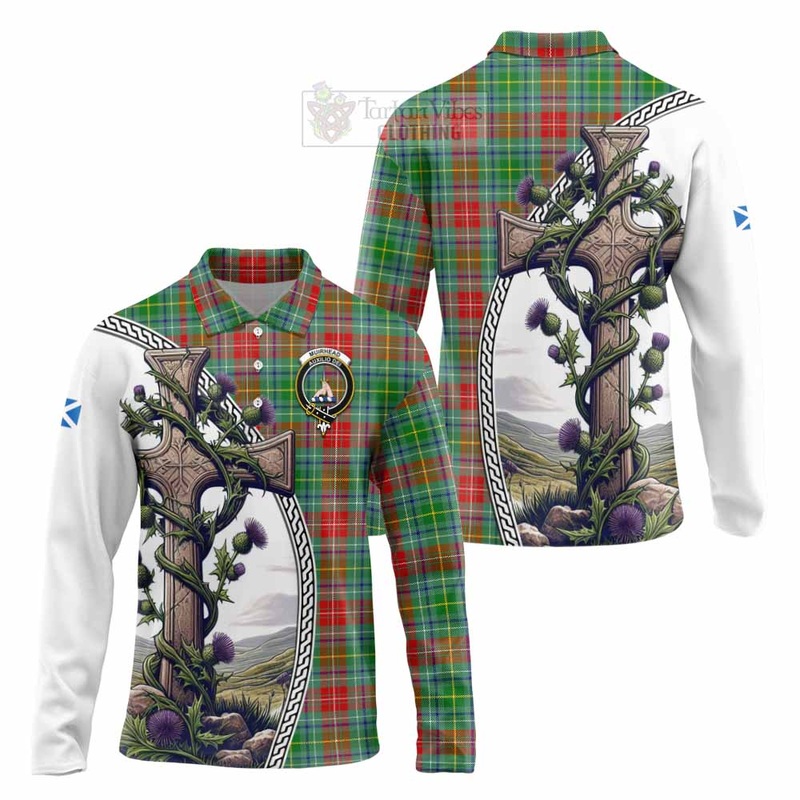 Muirhead Tartan Long Sleeve Polo Shirt with Family Crest and St. Andrew's Cross Accented by Thistle Vines
