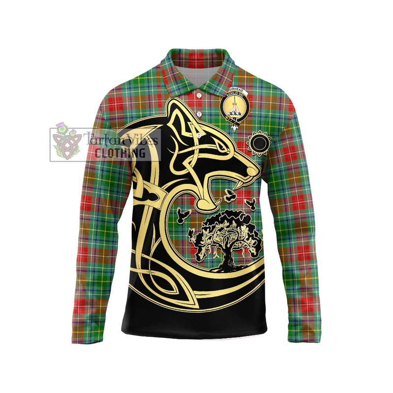 Muirhead Tartan Long Sleeve Polo Shirt with Family Crest Celtic Wolf Style