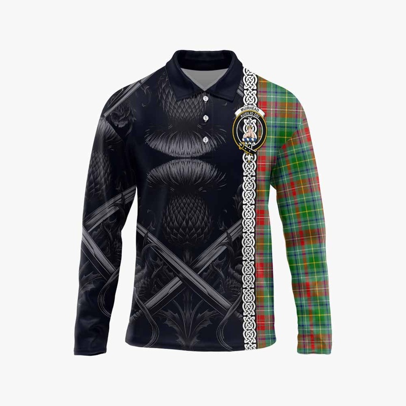 Muirhead Tartan Long Sleeve Polo Shirt with Family Crest Cross Sword Thistle Celtic Vibes