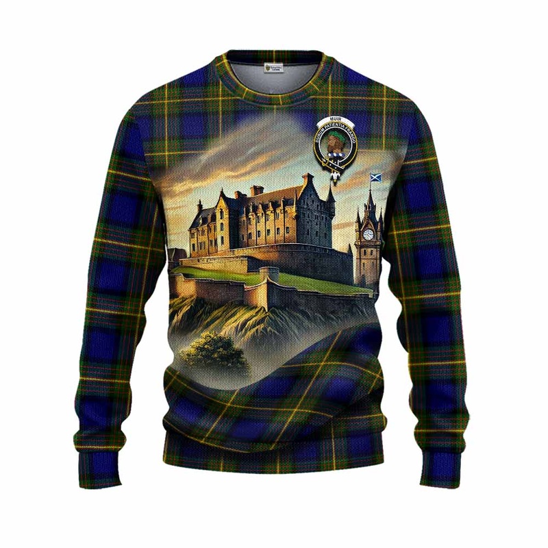Muir Tartan Family Crest Knitted Sweater with Scottish Ancient Castle Style
