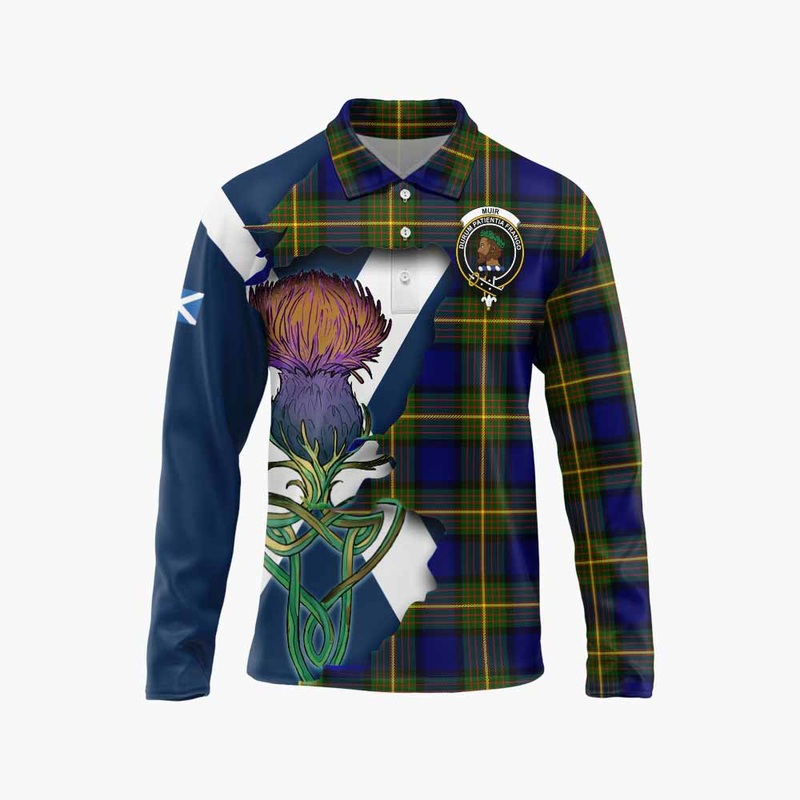 Muir Tartan Family Crest Long Sleeve Polo Shirt Scottish Thistle Celtic Inspired