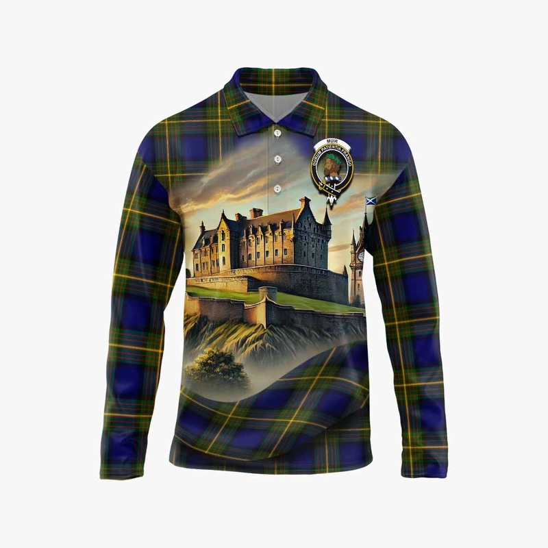 Muir Tartan Family Crest Long Sleeve Polo Shirt with Scottish Ancient Castle Style
