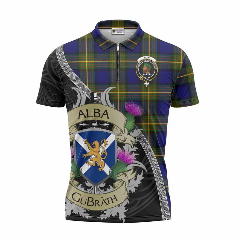 Muir Tartan Family Crest Zipper Polo Shirt Lion Rampant Royal Thistle Shield Celtic Inspired