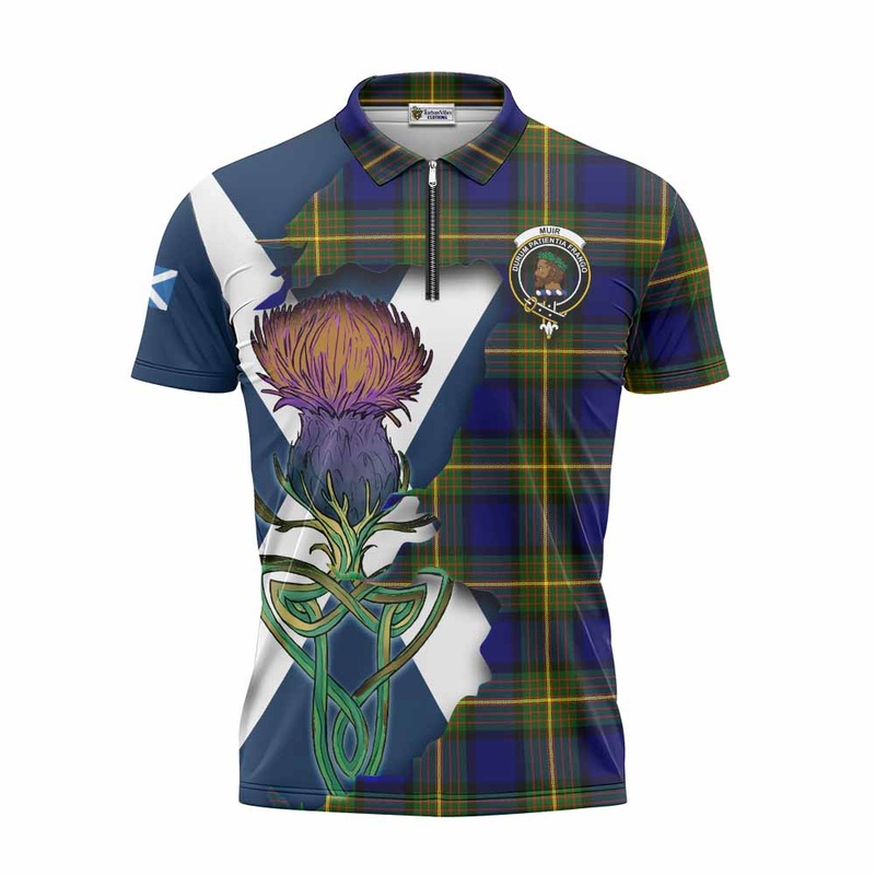 Muir Tartan Family Crest Zipper Polo Shirt Scottish Thistle Celtic Inspired