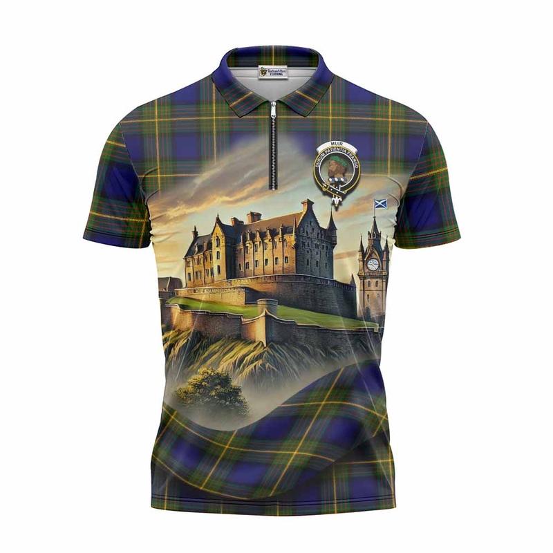 Muir Tartan Family Crest Zipper Polo Shirt with Scottish Ancient Castle Style