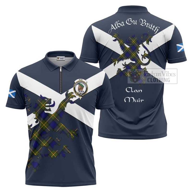 Muir Tartan Lion Rampant Zipper Polo Shirt Proudly Display Your Heritage with Alba Gu Brath and Clan Name