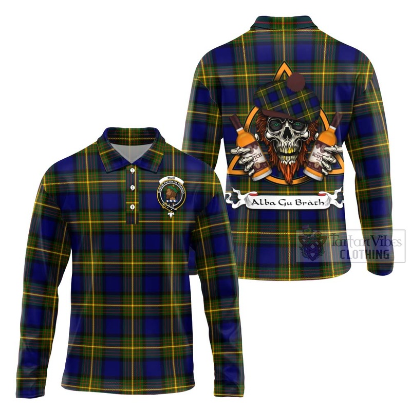 Muir Tartan Long Sleeve Polo Shirt with Family Crest and Bearded Skull Holding Bottles of Whiskey