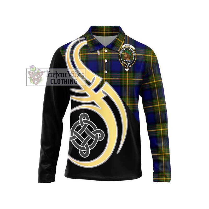Muir Tartan Long Sleeve Polo Shirt with Family Crest and Celtic Symbol Style