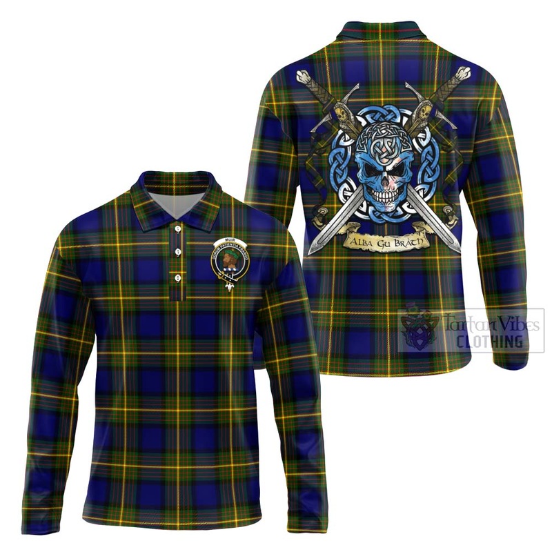 Muir Tartan Long Sleeve Polo Shirt with Family Crest Celtic Skull Style