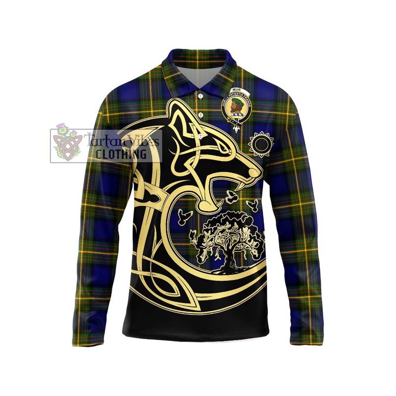 Muir Tartan Long Sleeve Polo Shirt with Family Crest Celtic Wolf Style
