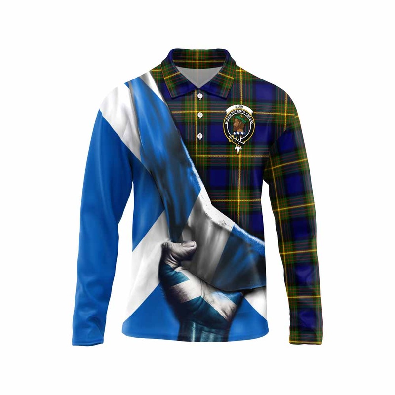 Muir Tartan Long Sleeve Polo Shirt with Family Crest Scotland Patriotic Style