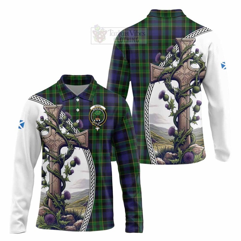 Mowat Tartan Long Sleeve Polo Shirt with Family Crest and St. Andrew's Cross Accented by Thistle Vines