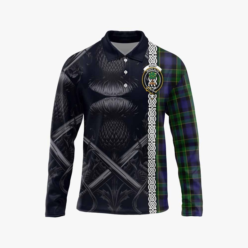 Mowat Tartan Long Sleeve Polo Shirt with Family Crest Cross Sword Thistle Celtic Vibes