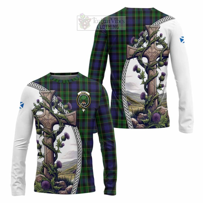 Mowat Tartan Long Sleeve T-Shirt with Family Crest and St. Andrew's Cross Accented by Thistle Vines