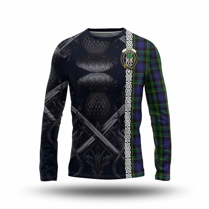 Mowat Tartan Long Sleeve T-Shirt with Family Crest Cross Sword Thistle Celtic Vibes