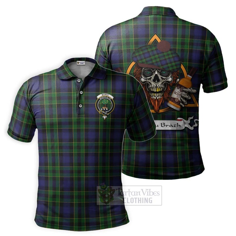 Mowat Tartan Polo Shirt with Family Crest and Bearded Skull Holding Bottles of Whiskey