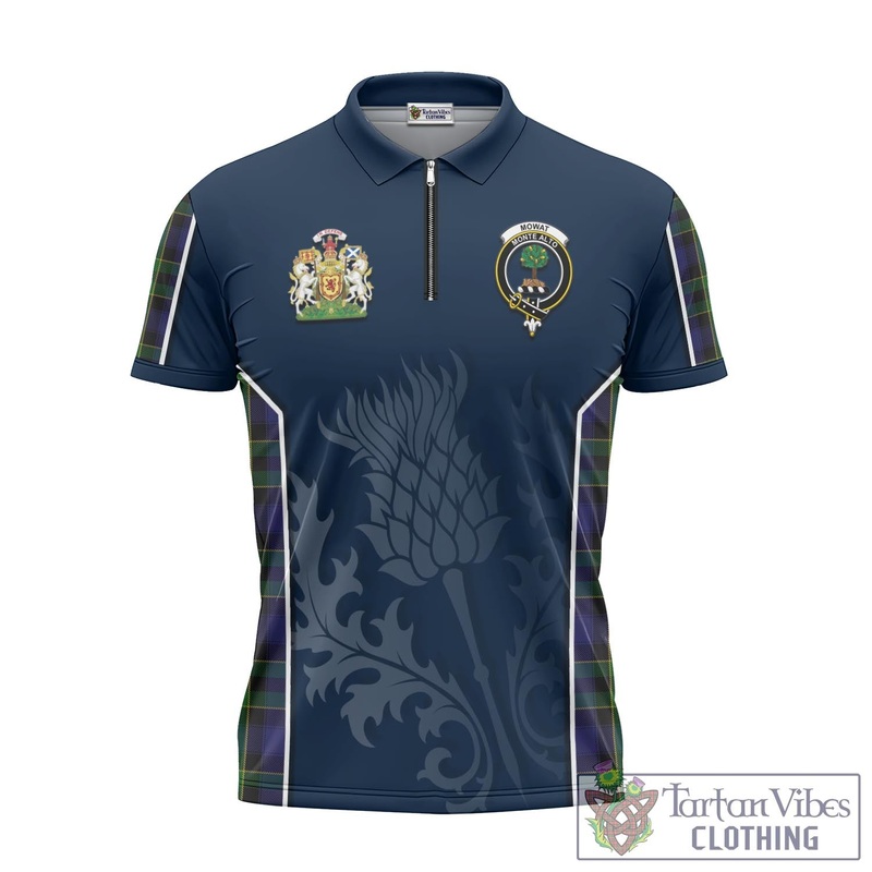Mowat Tartan Zipper Polo Shirt with Family Crest and Scottish Thistle Vibes Sport Style