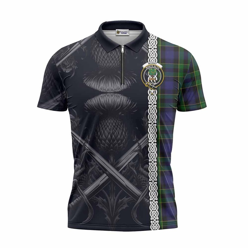 Mowat Tartan Zipper Polo Shirt with Family Crest Cross Sword Thistle Celtic Vibes