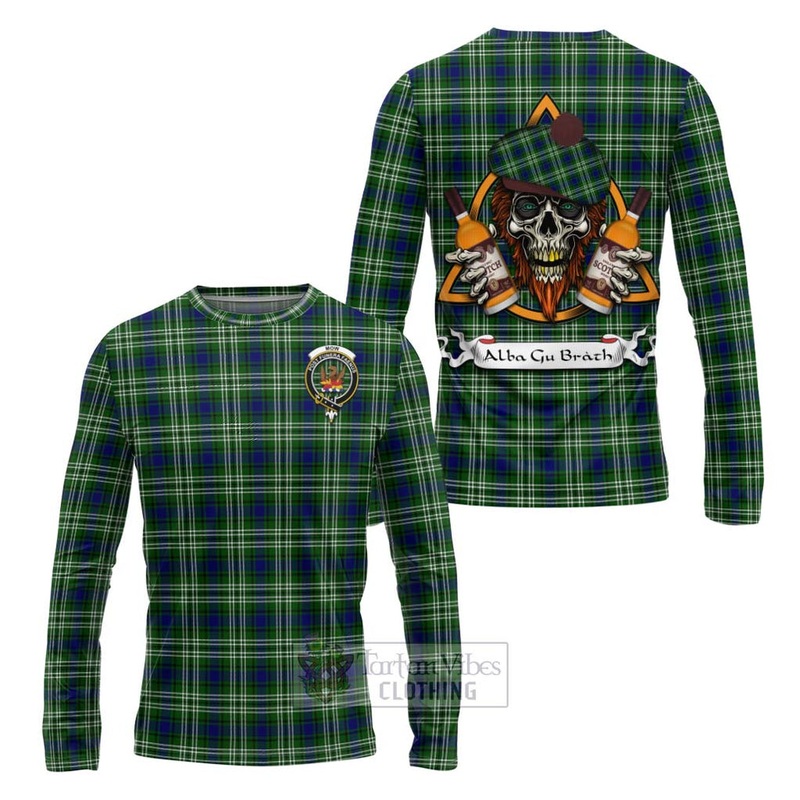 Mow Tartan Long Sleeve T-Shirt with Family Crest and Bearded Skull Holding Bottles of Whiskey
