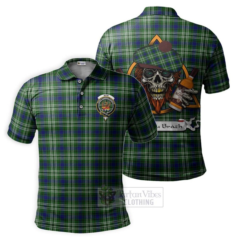 Mow Tartan Polo Shirt with Family Crest and Bearded Skull Holding Bottles of Whiskey