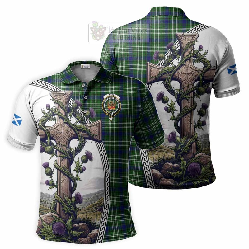 Mow Tartan Polo Shirt with Family Crest and St. Andrew's Cross Accented by Thistle Vines
