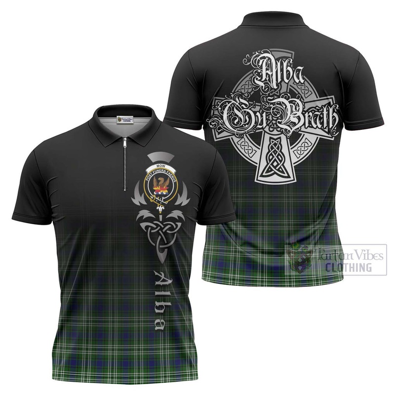 Mow Tartan Zipper Polo Shirt Featuring Alba Gu Brath Family Crest Celtic Inspired