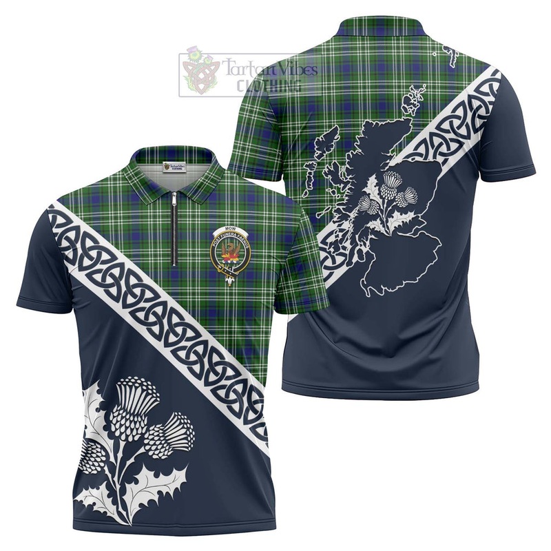 Mow Tartan Zipper Polo Shirt Featuring Thistle and Scotland Map