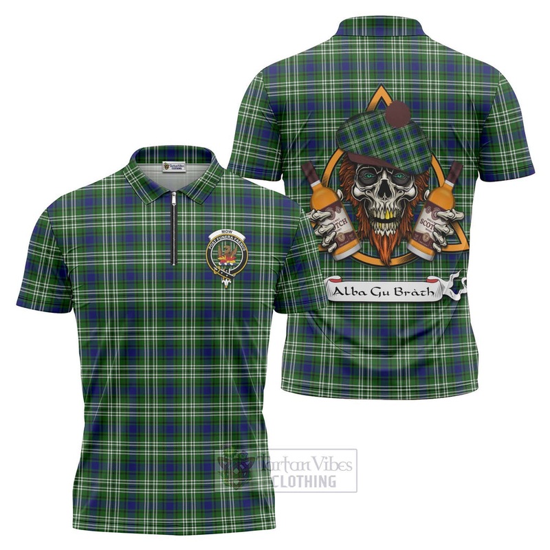 Mow Tartan Zipper Polo Shirt with Family Crest and Bearded Skull Holding Bottles of Whiskey