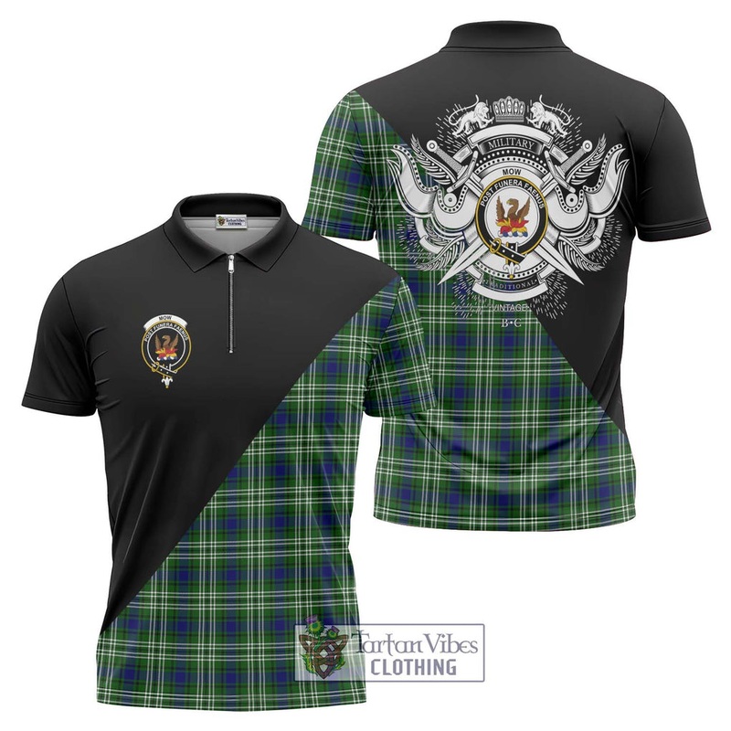 Mow Tartan Zipper Polo Shirt with Family Crest and Military Logo Style