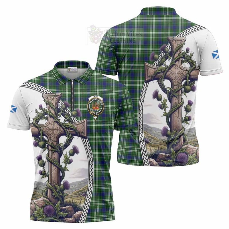 Mow Tartan Zipper Polo Shirt with Family Crest and St. Andrew's Cross Accented by Thistle Vines