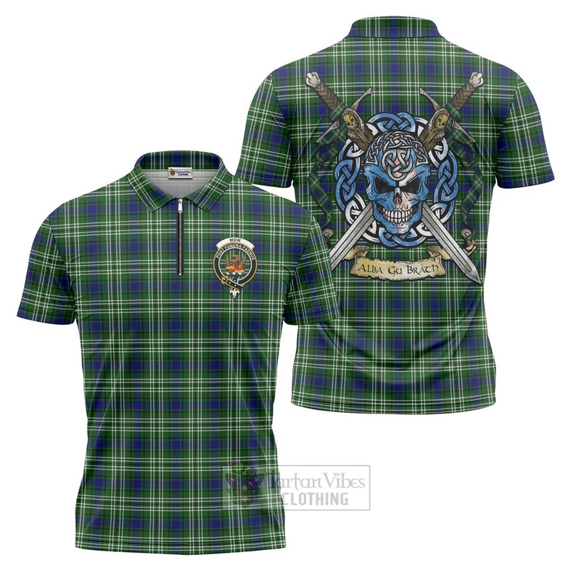Mow Tartan Zipper Polo Shirt with Family Crest Celtic Skull Style