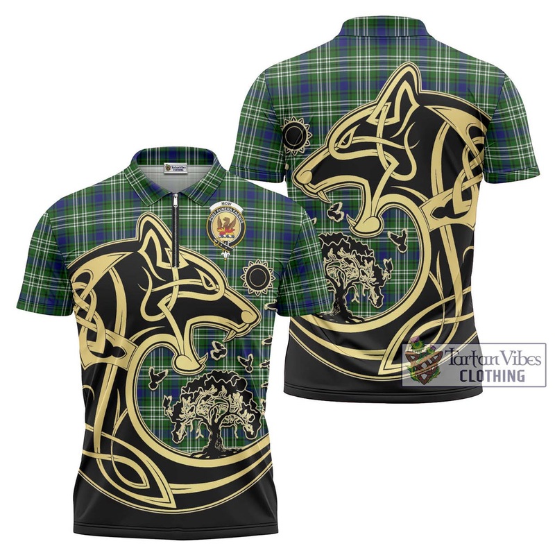 Mow Tartan Zipper Polo Shirt with Family Crest Celtic Wolf Style