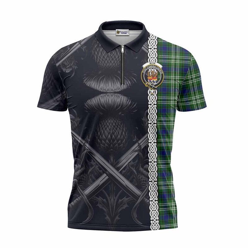 Mow Tartan Zipper Polo Shirt with Family Crest Cross Sword Thistle Celtic Vibes