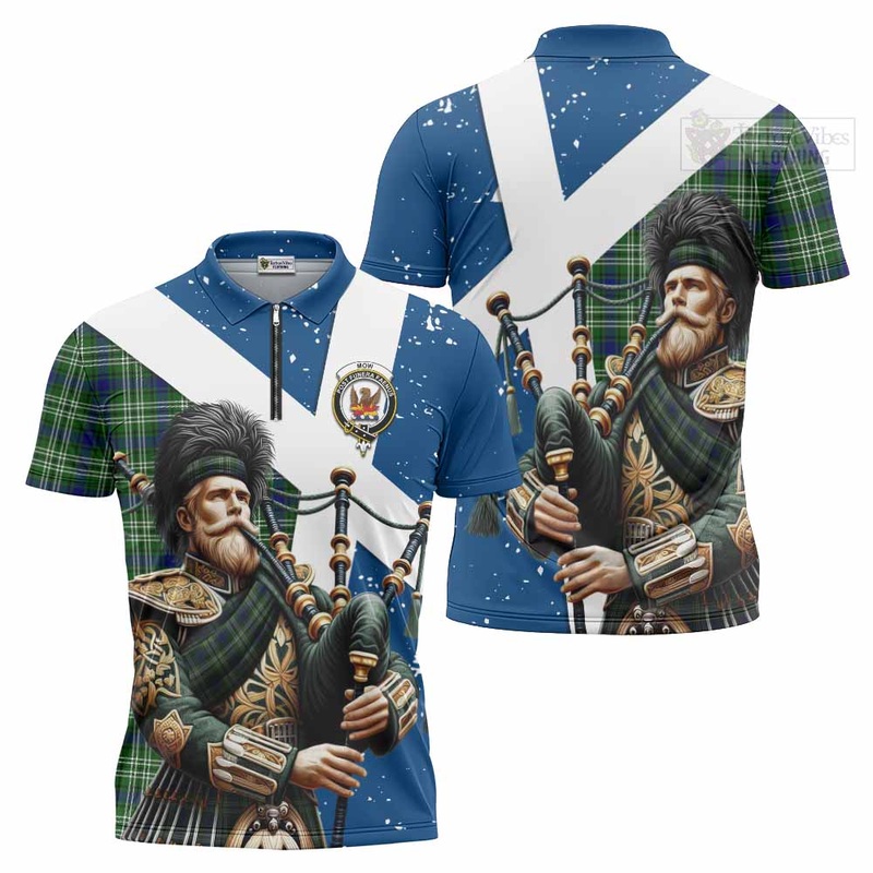Mow Tartan Zipper Polo Shirt with Family Crest Scottish Bagpiper Vibes