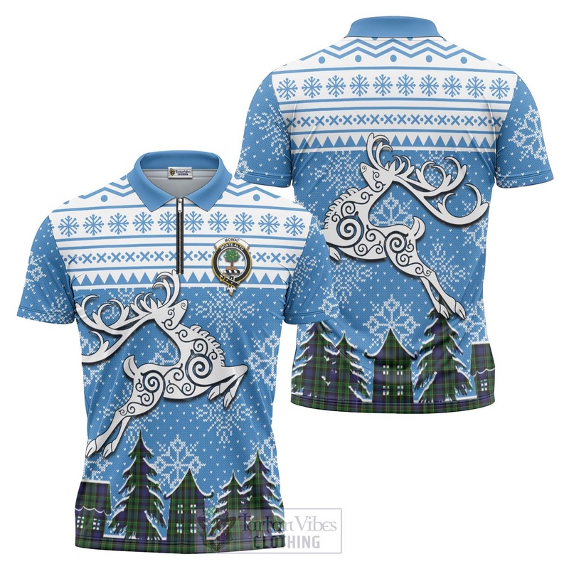 Mowat Clan Christmas Zipper Polo Shirt Celtic Reindeer Style