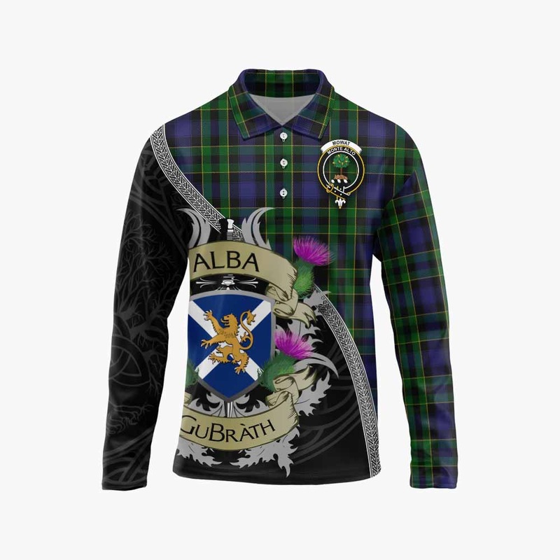 Mowat Tartan Family Crest Long Sleeve Polo Shirt Lion Rampant Royal Thistle Shield Celtic Inspired