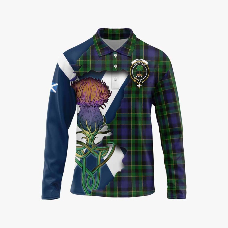 Mowat Tartan Family Crest Long Sleeve Polo Shirt Scottish Thistle Celtic Inspired