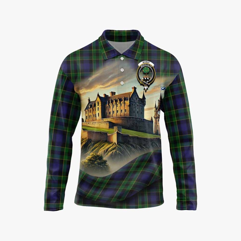 Mowat Tartan Family Crest Long Sleeve Polo Shirt with Scottish Ancient Castle Style