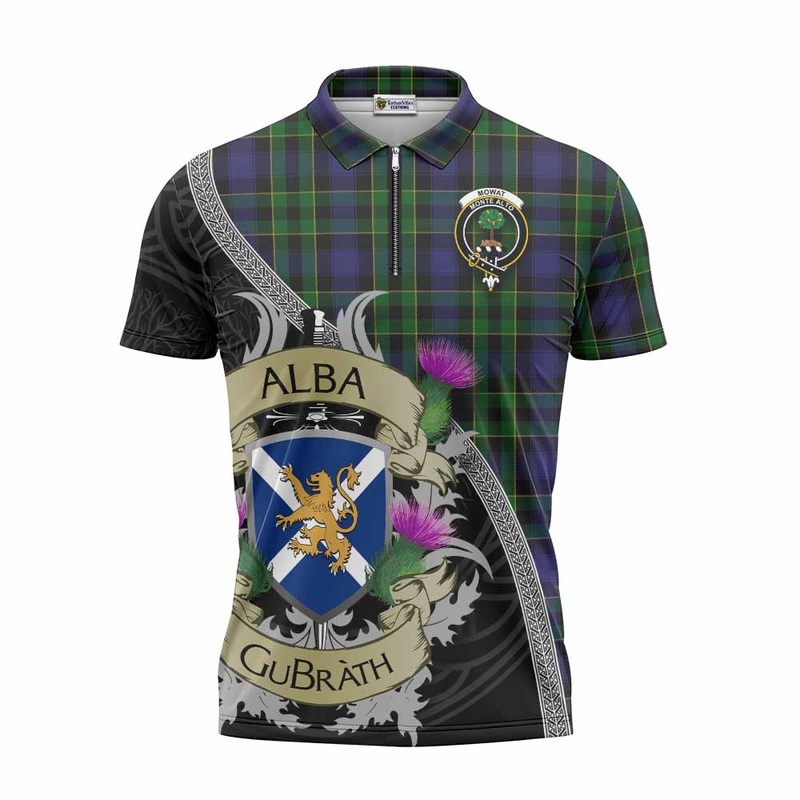 Mowat Tartan Family Crest Zipper Polo Shirt Lion Rampant Royal Thistle Shield Celtic Inspired