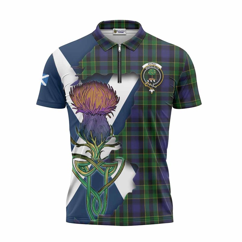 Mowat Tartan Family Crest Zipper Polo Shirt Scottish Thistle Celtic Inspired