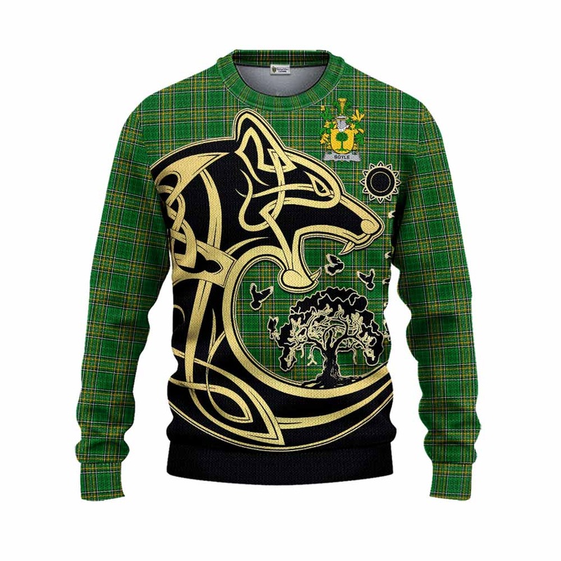 Boyle Irish Tartan Knitted Sweater with Coat of Arms Celtic Wolf Style